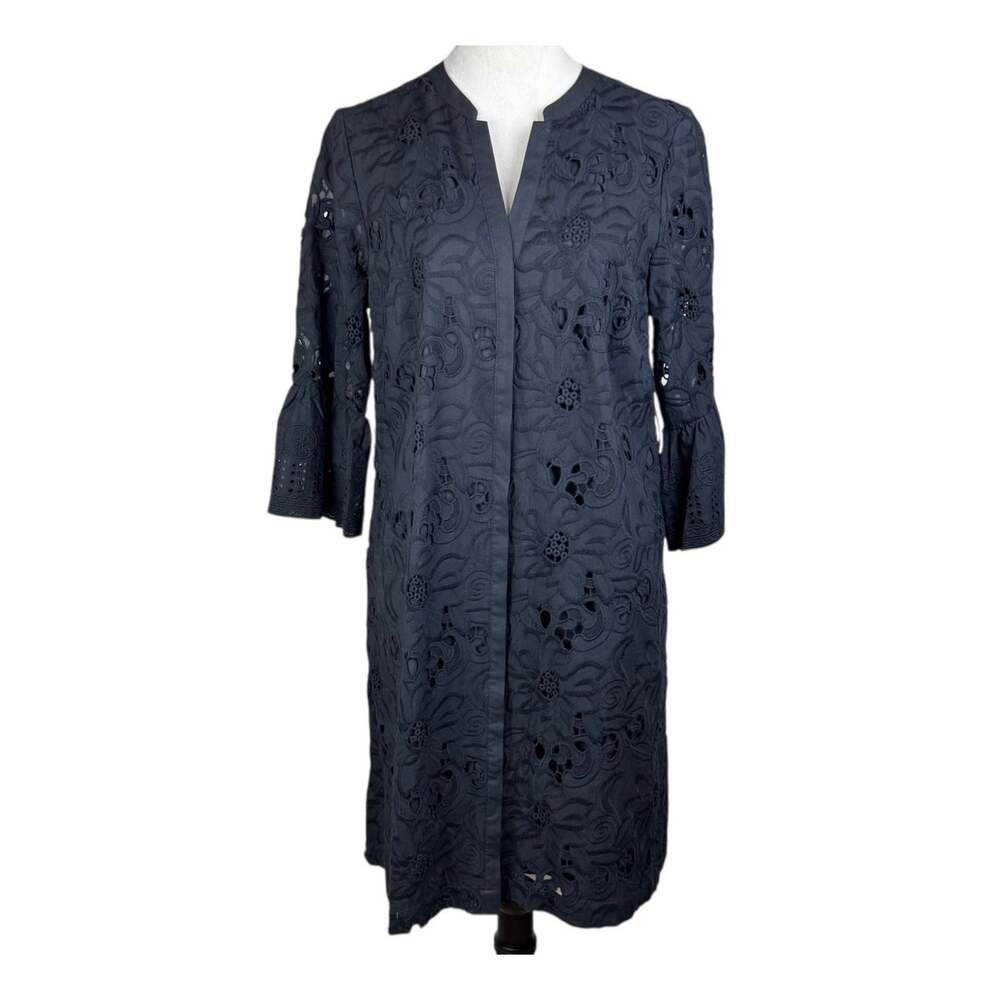 Chicos NWT Black Flounce 3/4 Sleeve Lined Button Up Floral Eyelet Dress Pockets
